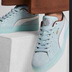 Puma Suede Run Along Womens 6.5 Dew White Coffee Silver NYC Sneakers 400842 01